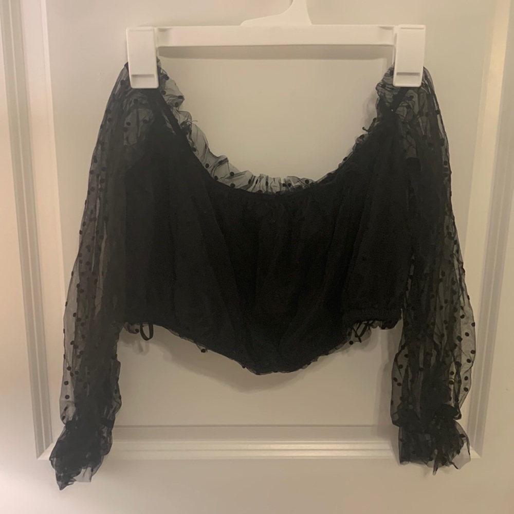 XL Shein black, polka dot, long sleeve, off the shoulder crop top, tube top